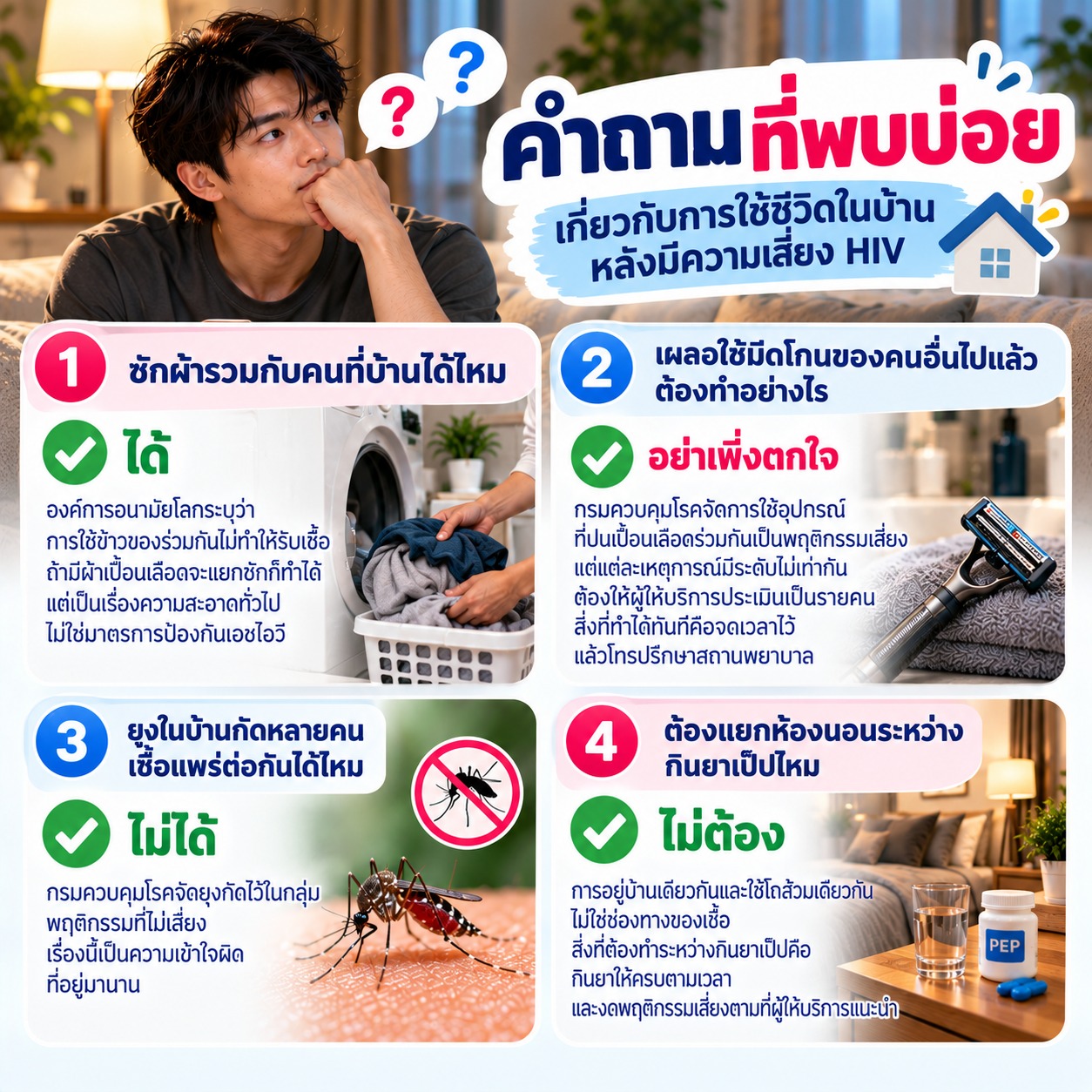 ภาพรวมคำถามที่พบบ่อยเกี่ยวกับการใช้ชีวิตในบ้านหลังมีความเสี่ยง HIV เช่น การซักผ้าร่วมกัน การเผลอใช้มีดโกนร่วมกับผู้อื่น ยุงกัด และการแยกห้องนอนระหว่างกิน PEP พร้อมสื่อว่าสามารถใช้ชีวิตร่วมกันได้ตามปกติ แต่ควรระวังอุปกรณ์ที่อาจสัมผัสเลือดโดยตรง