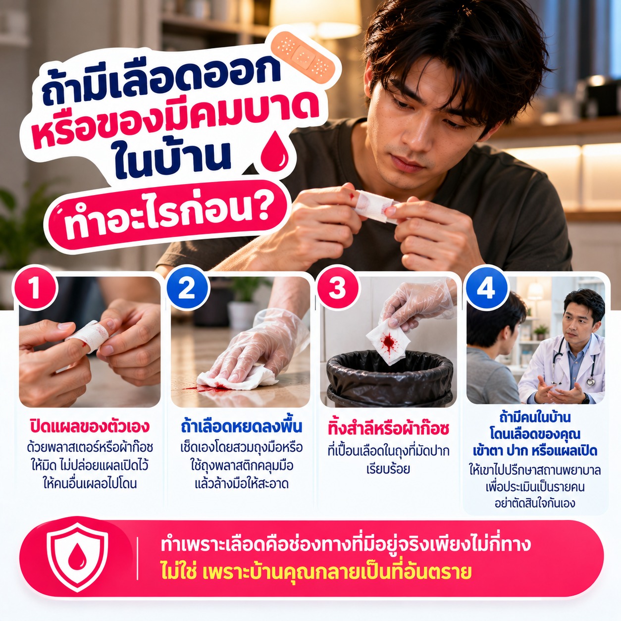 ภาพการดูแลบาดแผลจากของมีคม โดยปิดแผลให้มิดชิด ทำความสะอาดเลือดอย่างเหมาะสม และทิ้งวัสดุที่เปื้อนเลือดอย่างปลอดภัย เพื่อลดการสัมผัสเลือดโดยตรงของคนในบ้าน