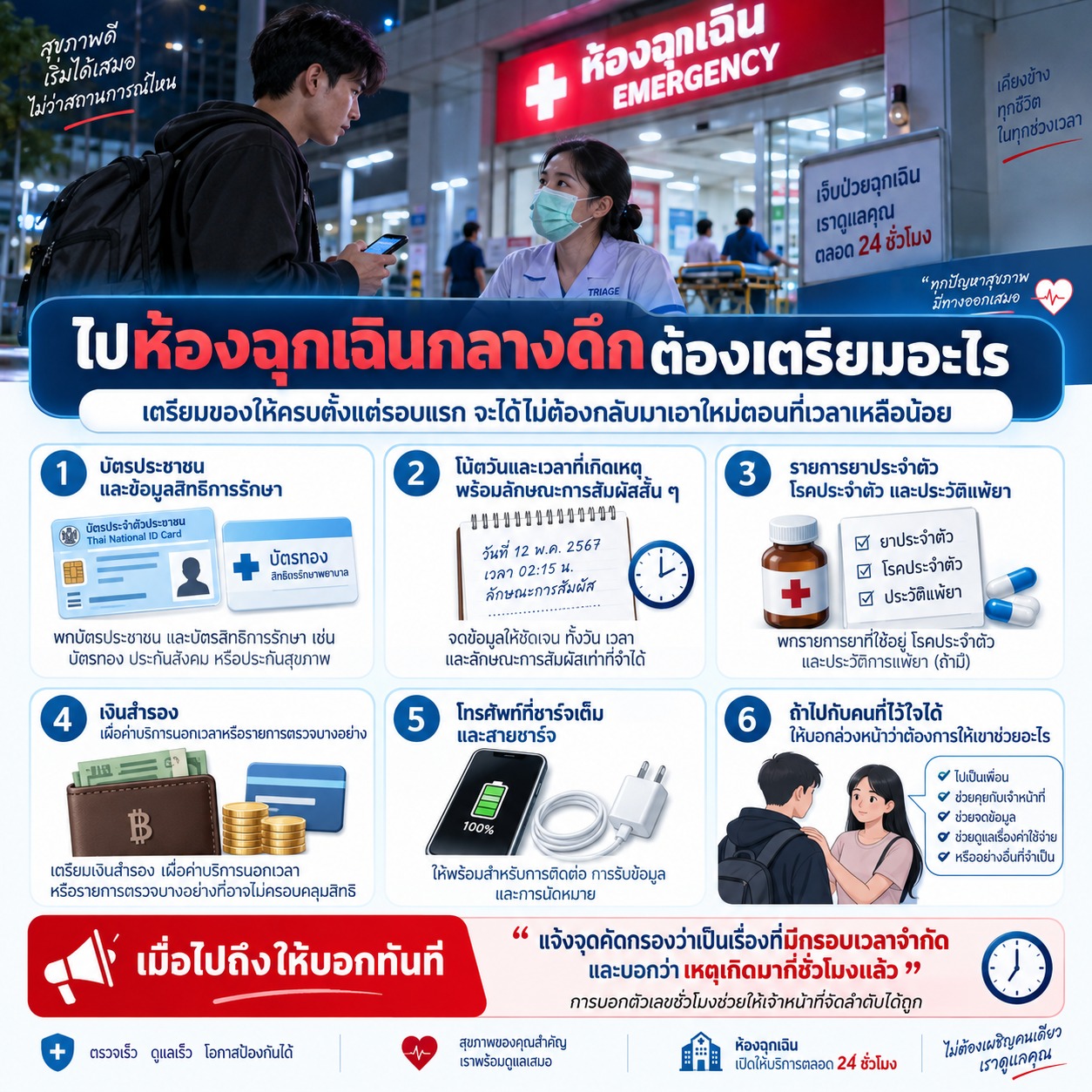 ภาพชายกำลังเตรียมตัวไปห้องฉุกเฉินกลางคืน พร้อมบัตรประชาชน โทรศัพท์ โน้ตวันเวลาเหตุการณ์ รายการยา เงินสำรอง และข้อมูลสุขภาพที่จำเป็น เพื่อช่วยให้เจ้าหน้าที่ประเมินได้รวดเร็วขึ้น