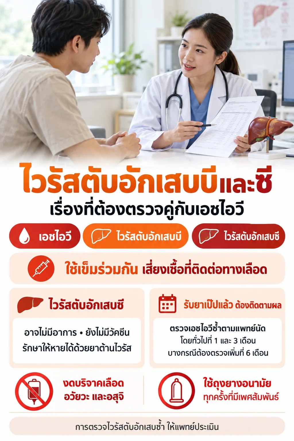 ภาพการตรวจเลือดและการให้คำปรึกษาด้านสุขภาพเกี่ยวกับไวรัสตับอักเสบบี ไวรัสตับอักเสบซี และเอชไอวี เพื่อส่งเสริมการตรวจคัดกรองและการดูแลสุขภาพอย่างเหมาะสม
